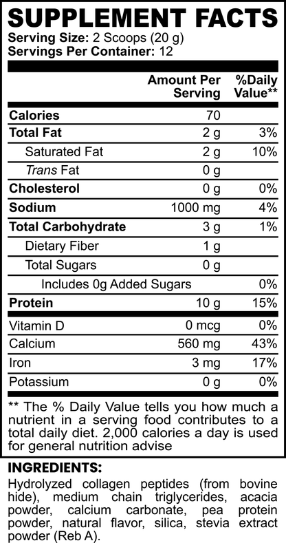 The Retro Fitness Supplements 111 & COMPANY GRASS-FED COLLAGEN CREAMER (VANILLA) features a label with serving size of 2 scoops (20g): 70 calories, 3g protein, and 3g sugars. Contains no cholesterol/trans fats. Includes calcium, iron, potassium; ingredients are collagen peptides, oils, and stevia.