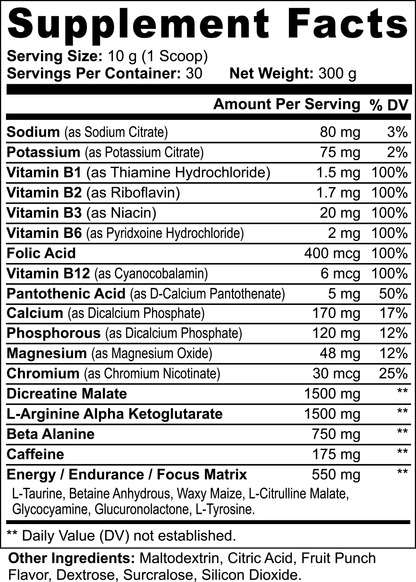 The image displays the supplement facts of Retro Fitness Supplements 111 & COMPANY NITRIC SHOCK PRE-WORKOUT POWDER (FRUIT PUNCH), detailing serving size, servings per container, and net weight. Energy-boosting nutrients like sodium, potassium, B vitamins, and magnesium are listed alongside maltodextrin in the focus matrix.