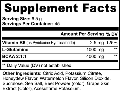 The black and white supplement facts label for 111 & COMPANY BCAA POST WORKOUT POWDER (HONEYDEW/WATERMELON) by retro fitness supplements shows nutritional info for muscle recovery. Serving size: 6.5g, 45 servings per container. Contains Vitamin B6 2.5mg, L-Glutamine 1000mg, BCAA acidic amino acids blended at a ratio of 2:1:1 with 4000 mg dosage each portion alongside citric acid, honeydew flavoring, etcolola. Daily values not determined.