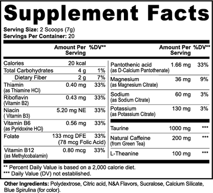 The black-and-white Supplement Facts label for 111 & COMPANY ENERGY POWDER (COTTON CANDY) lists a serving size of 2 scoops (7g), 20 servings per container, and details on vitamins, minerals, taurine, natural caffeine, L-theanine, calories, carbs, sodium and potassium.