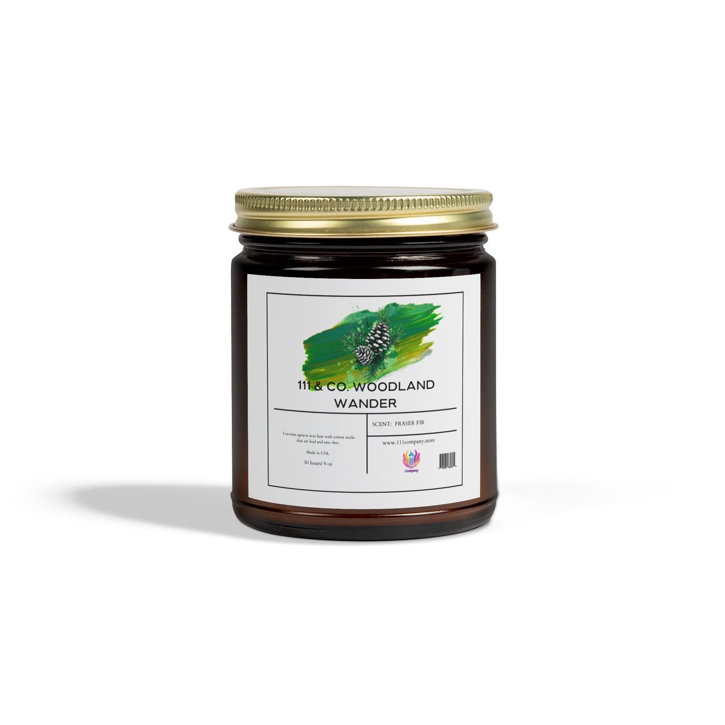 Against a white backdrop, an amber jar with a gold lid labeled 111 & Companys Woodland Wander features a pinecone on green, hinting at the Fraser Fir candle inside. Crafted by Printify from natural Coconut Apricot Wax, it promises an exceptionally long burn time.