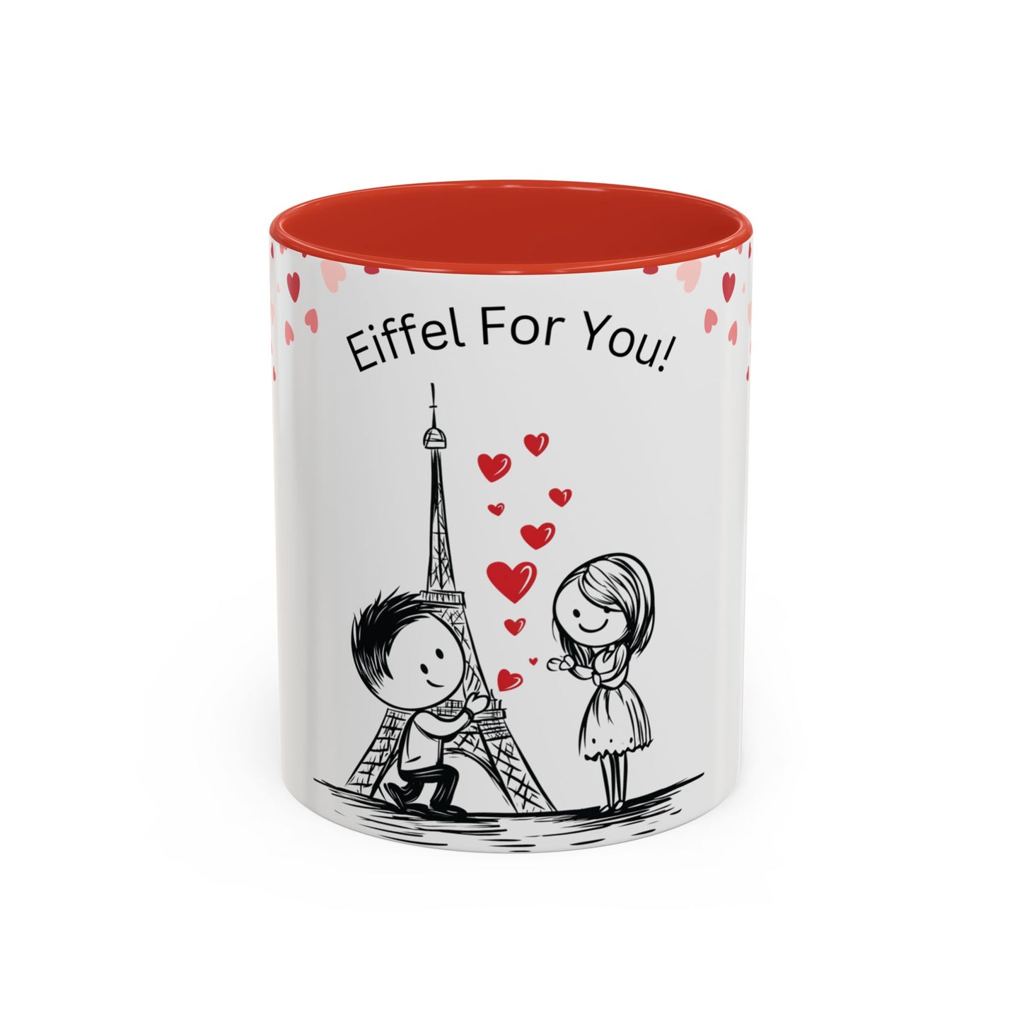 Printifys 111 & Company Valentines Eiffel Tower Coffee Mug (11 oz) features a black and white design with red accents, showcasing a romantic scene of a man kneeling with a ring by the Eiffel Tower. Red hearts float between them as the woman smiles, with Eiffel For You! text above—ideal for Valentines Day.