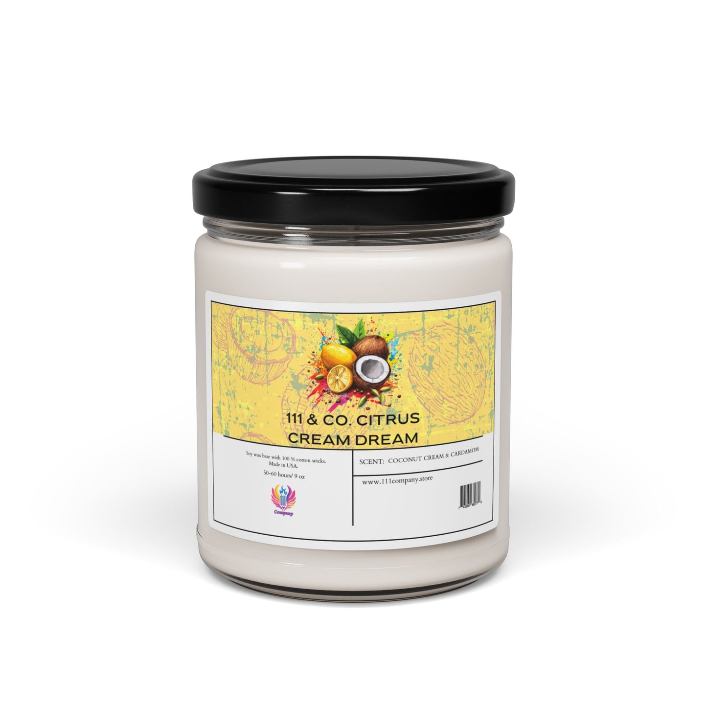 The 111 & Company Citrus Cream Dream candle by Printify is a white soy wax candle in a clear glass jar with a black lid, labeled with coconut, orange, and lemon images. It features the Coconut & Cardamom scent. Website and social media details are included below.