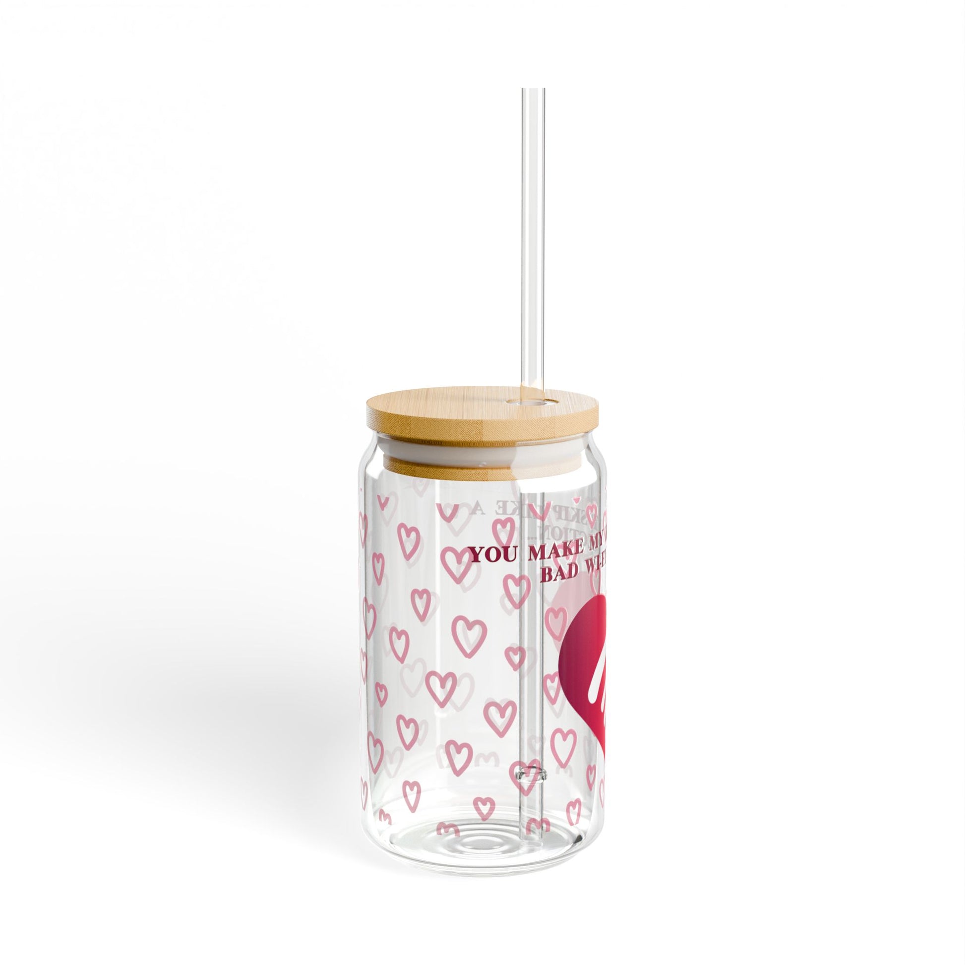 The Printify 111 & Company Valentines WiFi Sipper Glass (16 oz) is a charming piece featuring pink heart patterns, a bamboo lid, and a transparent straw. You make my is inscribed between hearts, making it a whimsical addition to any barware collection.