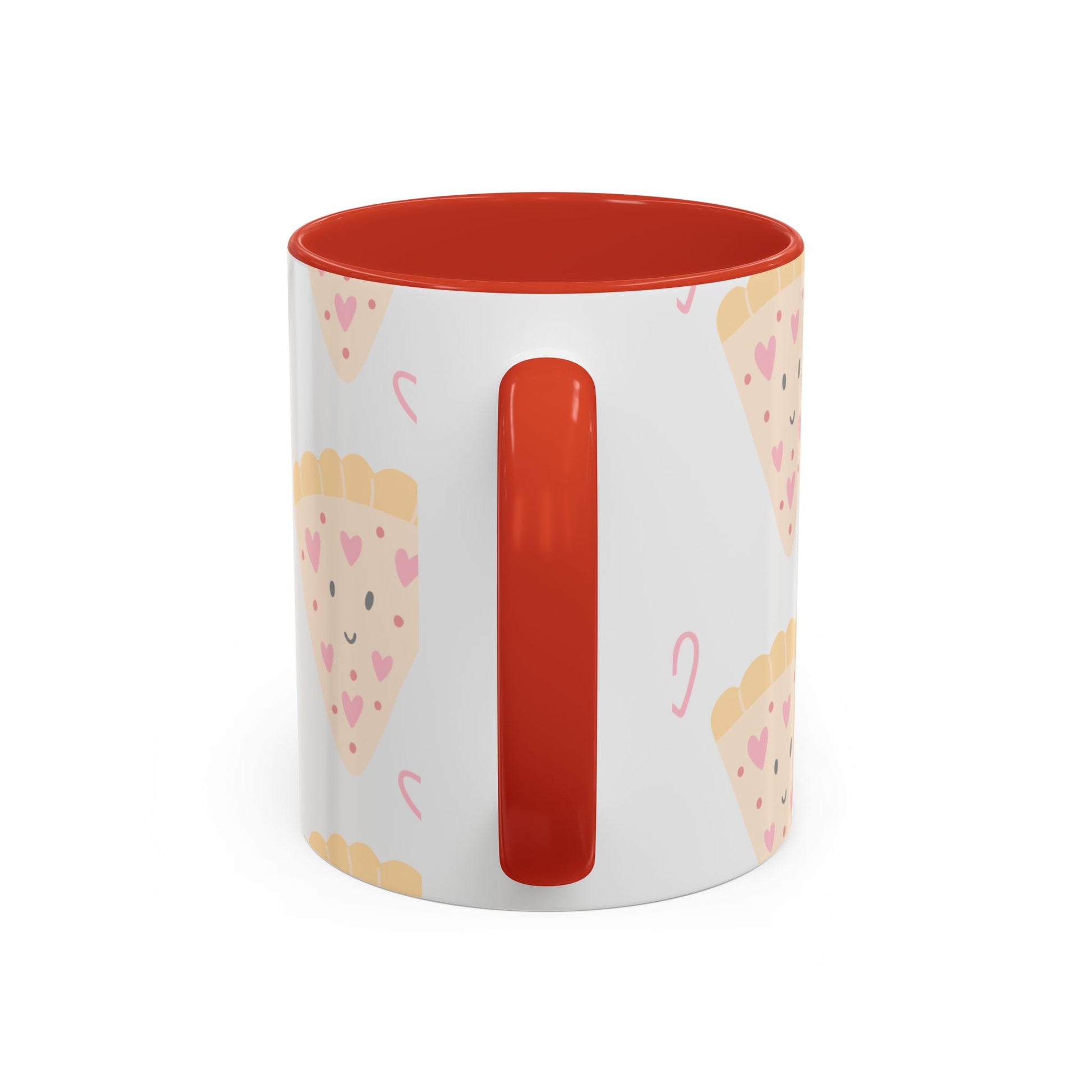 The Printify 111 & COMPANY VALENTINES PIZZA LOVE COFFEE MUG 11oz is dishwasher-safe and features a vibrant red interior and handle. Its white exterior has a quirky pizza slice pattern with dot and heart toppings, accented by red candy cane shapes. Ideal for fans of bold designs!.