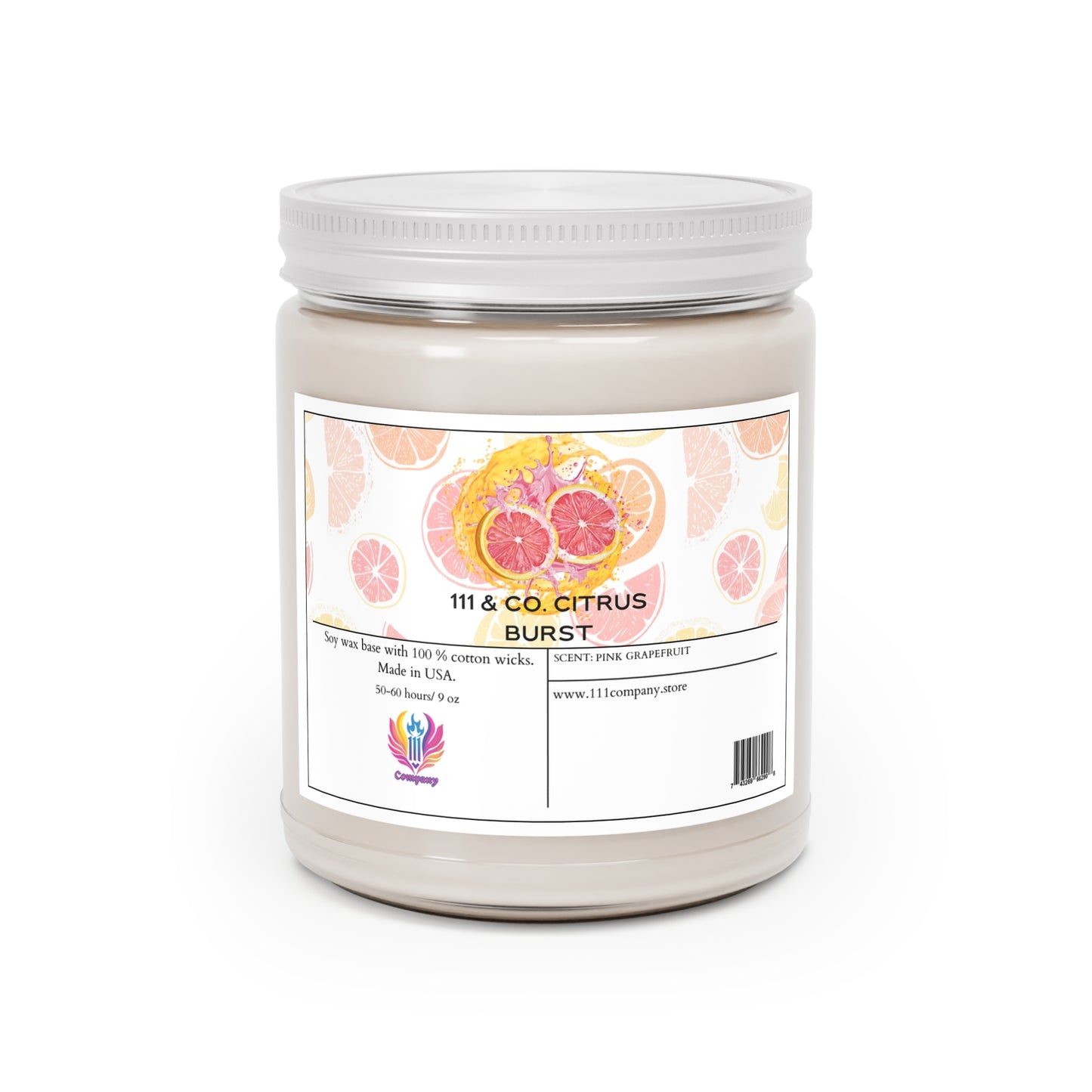 The 111 & COMPANY Citrus Burst candle by Printify features vibrant citrus fruit designs with a white lid, releasing a pink grapefruit scent. Crafted with 100% cotton wicks and soy wax, the 9oz candle offers a burn time of 50-84 hours, evoking the essence of citrus groves.