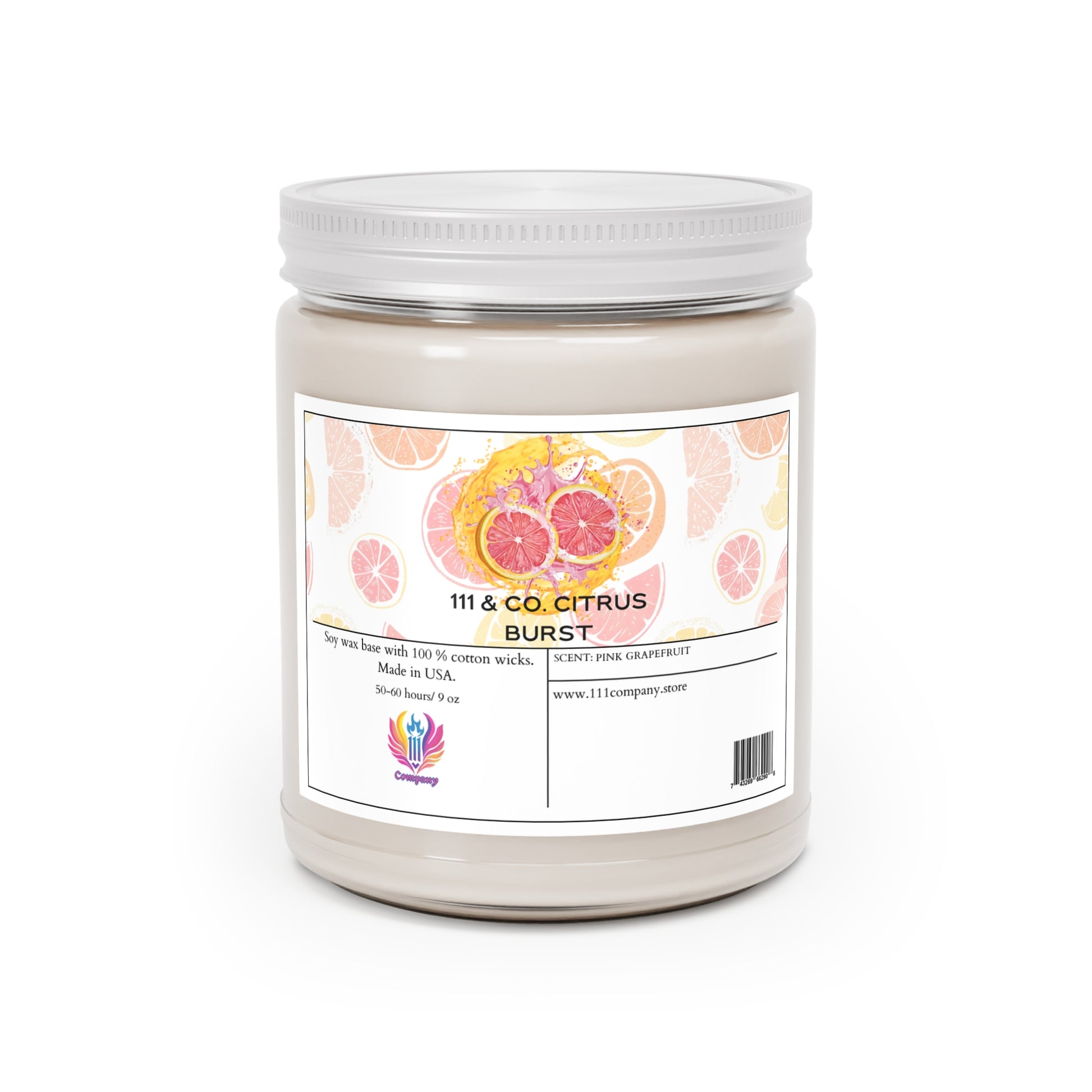 The 111 & COMPANY Citrus Burst candle by Printify features vibrant citrus fruit designs with a white lid, releasing a pink grapefruit scent. Crafted with 100% cotton wicks and soy wax, the 9oz candle offers a burn time of 50-84 hours, evoking the essence of citrus groves.