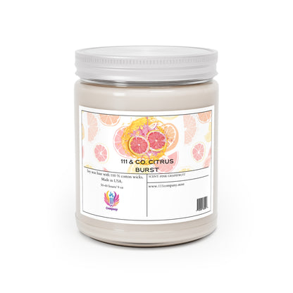 The 111 & COMPANY Citrus Burst candle by Printify features vibrant citrus fruit designs with a white lid, releasing a pink grapefruit scent. Crafted with 100% cotton wicks and soy wax, the 9oz candle offers a burn time of 50-84 hours, evoking the essence of citrus groves.