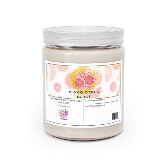 The 111 & COMPANY Citrus Burst candle by Printify features vibrant citrus fruit designs with a white lid, releasing a pink grapefruit scent. Crafted with 100% cotton wicks and soy wax, the 9oz candle offers a burn time of 50-84 hours, evoking the essence of citrus groves.