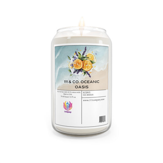 The 111 & Company Oceanic Oasis Sea Breeze Scented Candle by Printify features a beach scene label with orange, lavender, flowers, and colorful leaves. It contains white soy wax and burn warnings. The candle has a Sea Breeze scent with citrus hints, and its wick is lit.