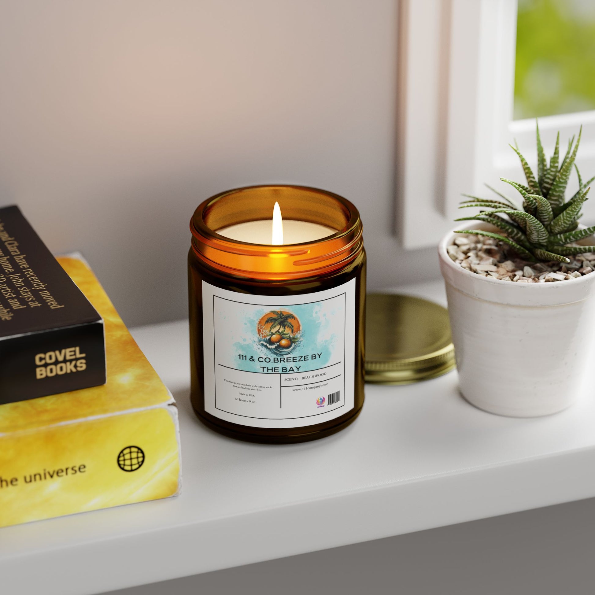 An 111 & Company Beachwood scented candle in an amber jar with coconut apricot wax by Printify sits on a white shelf beside a green succulent in pebbled soil. Nearby are two stacked books and a closed jar lid. Natural light from a window highlights the eco-friendly display.