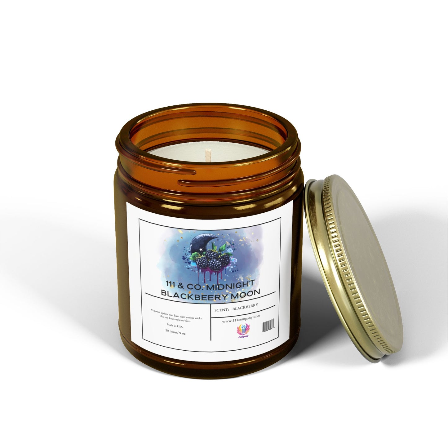 The 111 & COMPANY Midnight Blackberry Moon Scented Candle comes in a 9oz amber jar featuring a tree and moon illustration. Made with eco-friendly coconut apricot wax, it emits a fruity aroma. The lid sits beside the jar, complete with scent details, QR code, and contact info at the bottom.