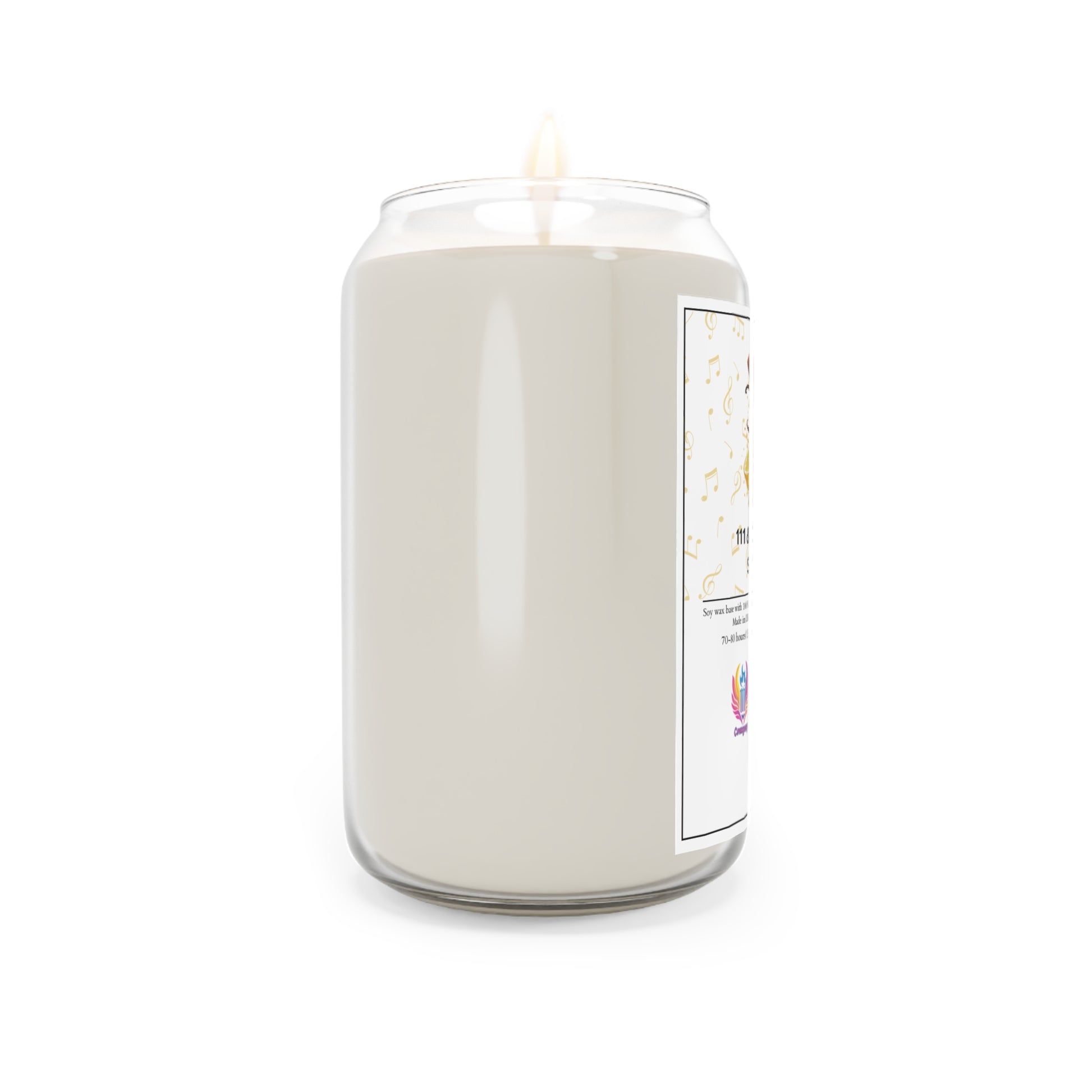 The Printify 111 & COMPANY Autumn Symphony Comfort Spice Candle, in a soda can-shaped transparent glass jar with off-white soy wax, creates a cozy ambiance. It features a white label with decorative accents and an eco-friendly design against the white background, weighing 13.75 oz.