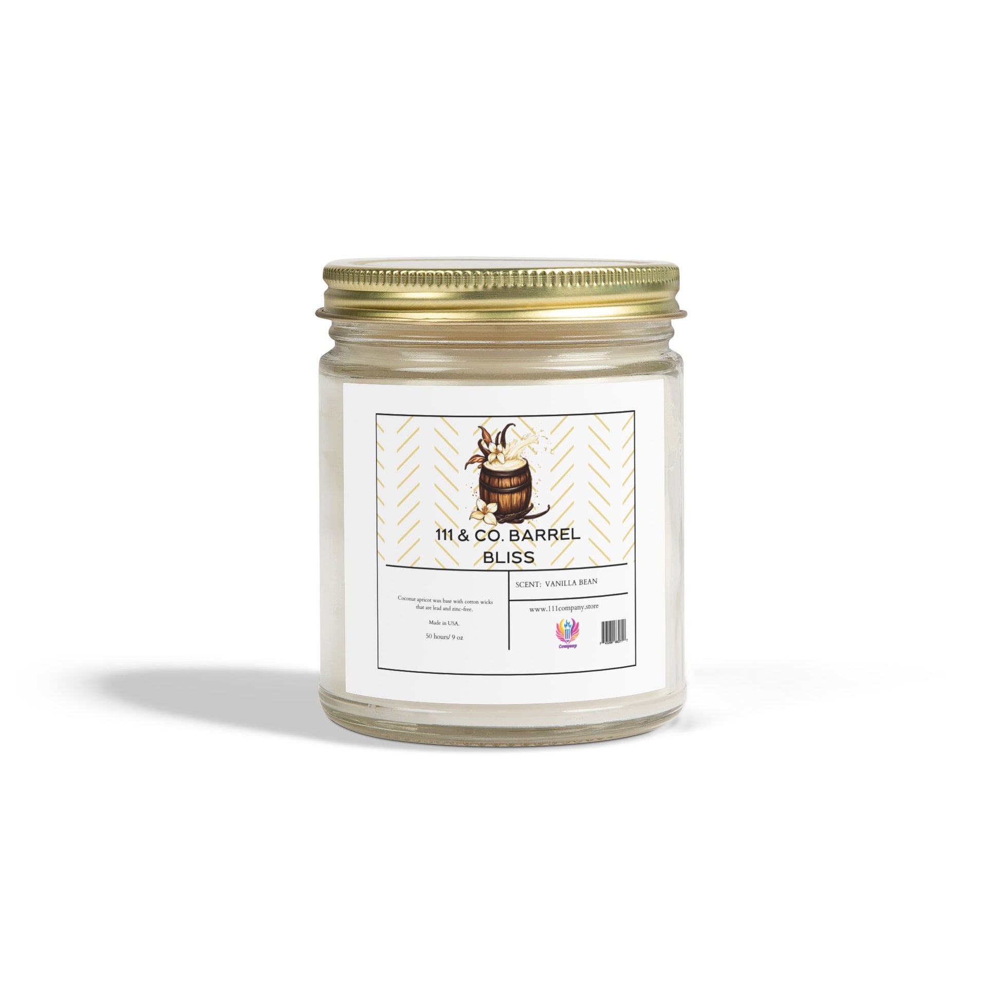 A clear jar candle by Printify features a gold metal lid and a white label with a barrel design, reading 111 & Company Barrel Bliss and Scent: Vanilla Bean. Made from coconut apricot wax, the 9oz candle highlights its bourbon fragrance with barcode and logo below, casting a shadow on white.