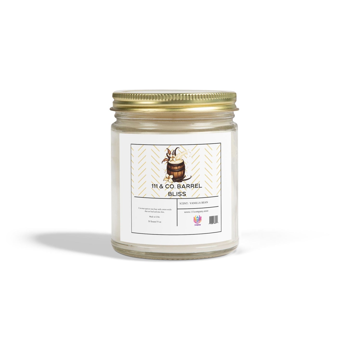 A clear 9oz candle jar with a gold lid and white label features a barrel illustration surrounded by leaves. Text reads 111 & Company Barrel Bliss in vanilla bean scent, enriched with bourbon aroma. Made from eco-friendly coconut apricot wax, it includes a barcode on the bottom right corner. Brand: Printify.