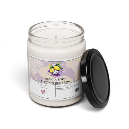 Discover the eco-friendly 111 & COMPANY Soft Cotton Blossom candle by Printify. This white soy wax candle in a glass jar with a black lid features lemons and flowers. It offers long burn time and a Clean Cotton scent, 9oz size. Visit www.111company.com for details.