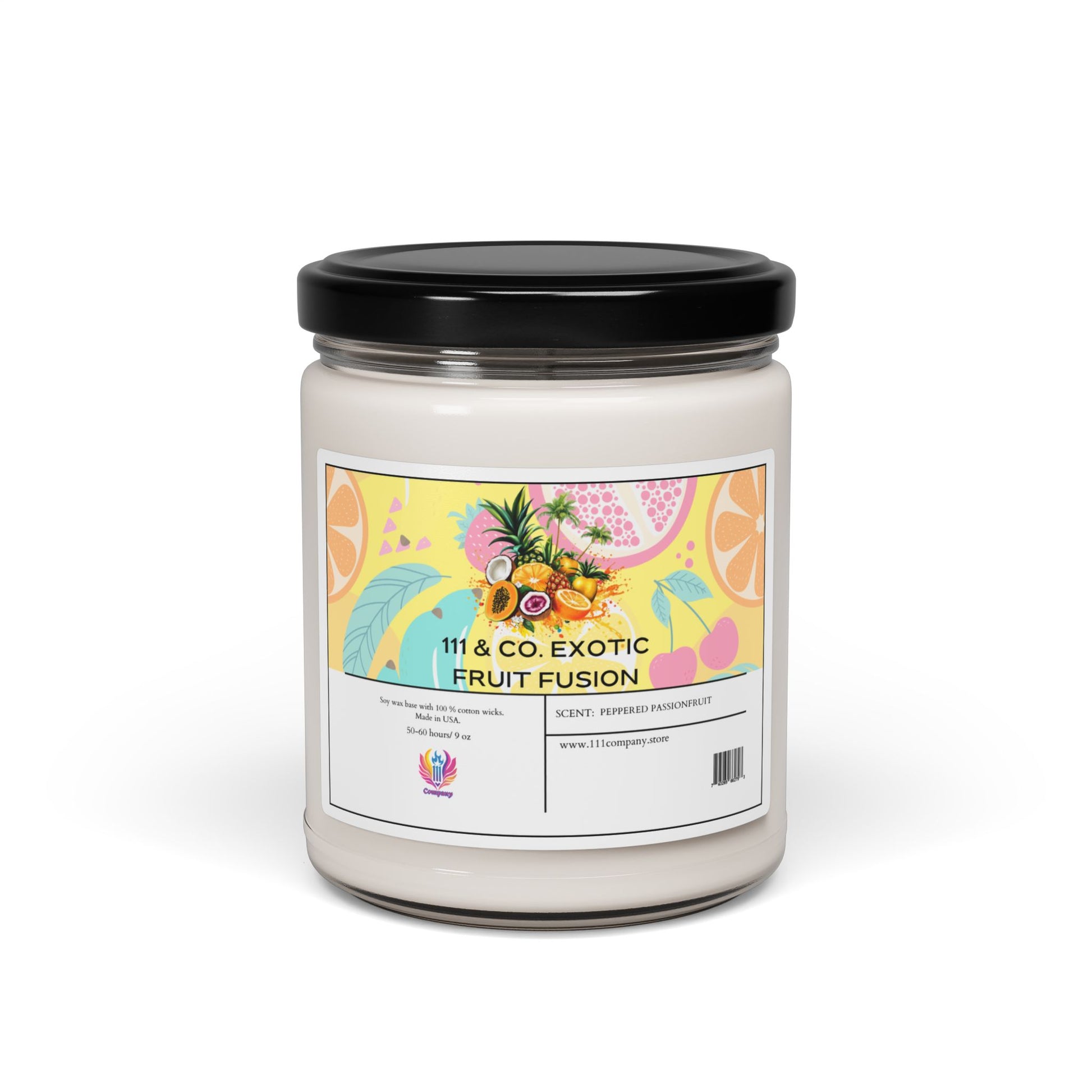 The 111 & Company Exotic Fruit Fusion Peppered Passionfruit Soy Wax Candle by Printify offers an eco-friendly tropical escape, featuring vibrant illustrations of pineapples, watermelons, and citrus.