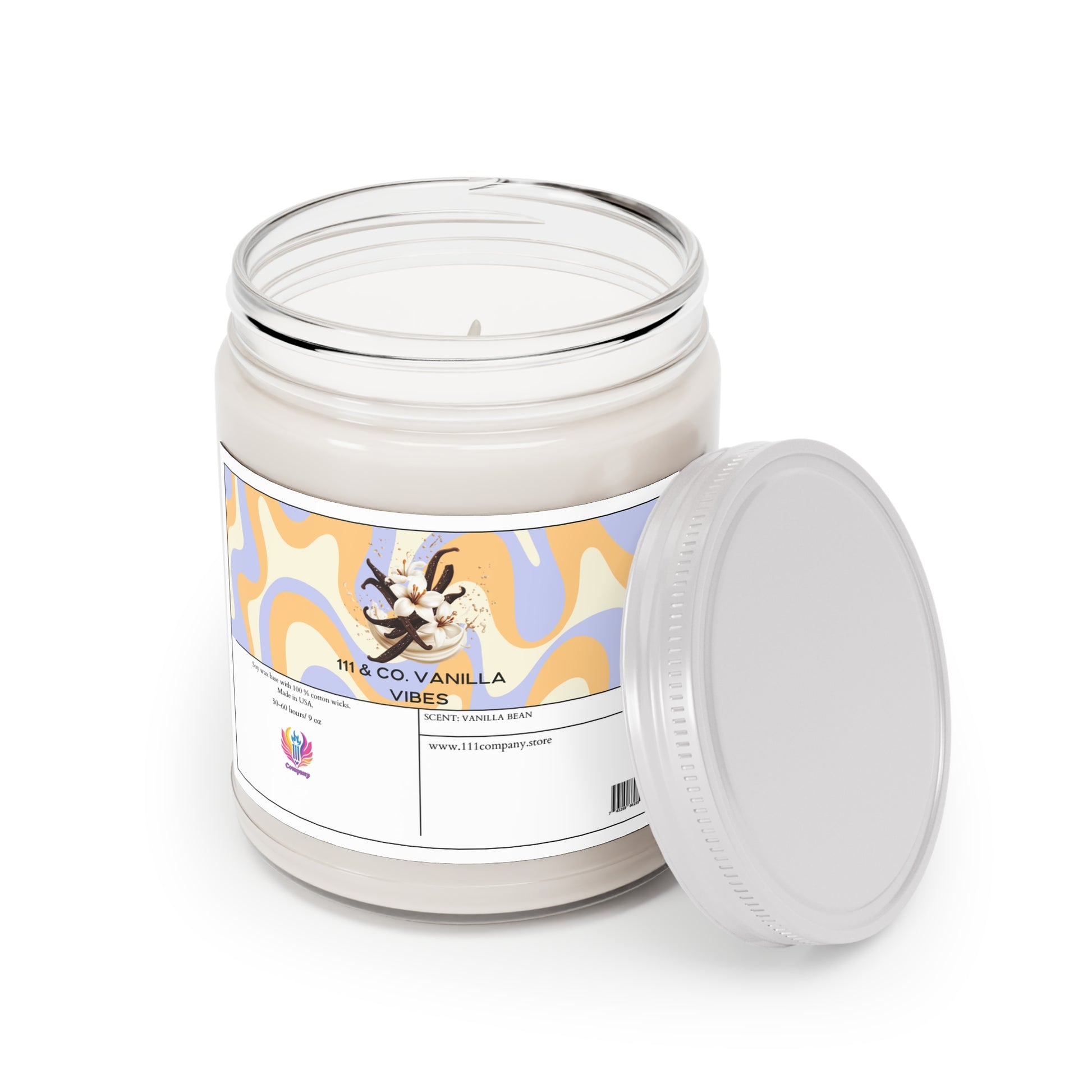 A 111 & Company Vanilla Vibes candle by Printify features a 114 CO VANILLA VIBES label with vanilla and tonka beans, plus a blue and orange splash design. The cream soy wax blend weighs 9oz, and the website details are at the bottom of the label.