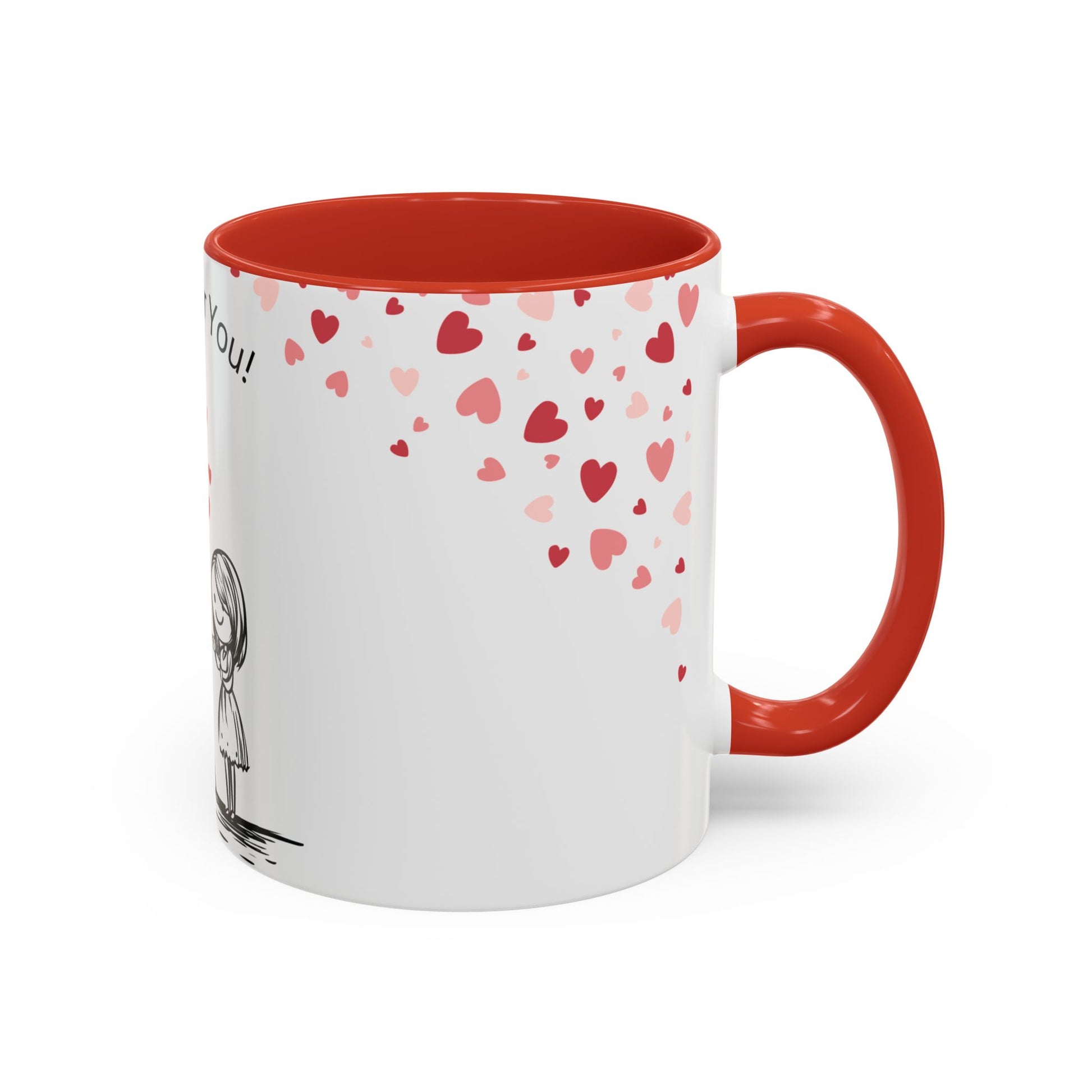 The Printify 111 & COMPANY VALENTINES EIFFEL TOWER COFFEE MUG 11 oz is a white ceramic mug with a red handle and interior, adorned with red and pink hearts. It features a grayscale illustration of a girl gazing up and the text Love You!—perfect for Valentines Day.