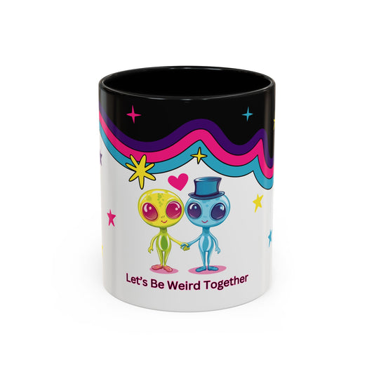 The Printify 111 & Company Valentines Alien Coffee Mug features yellow and blue cartoon aliens holding hands among vibrant colors, stars, and hearts. The blue alien wears a top hat, and Lets Be Weird Together is printed on the bottom.