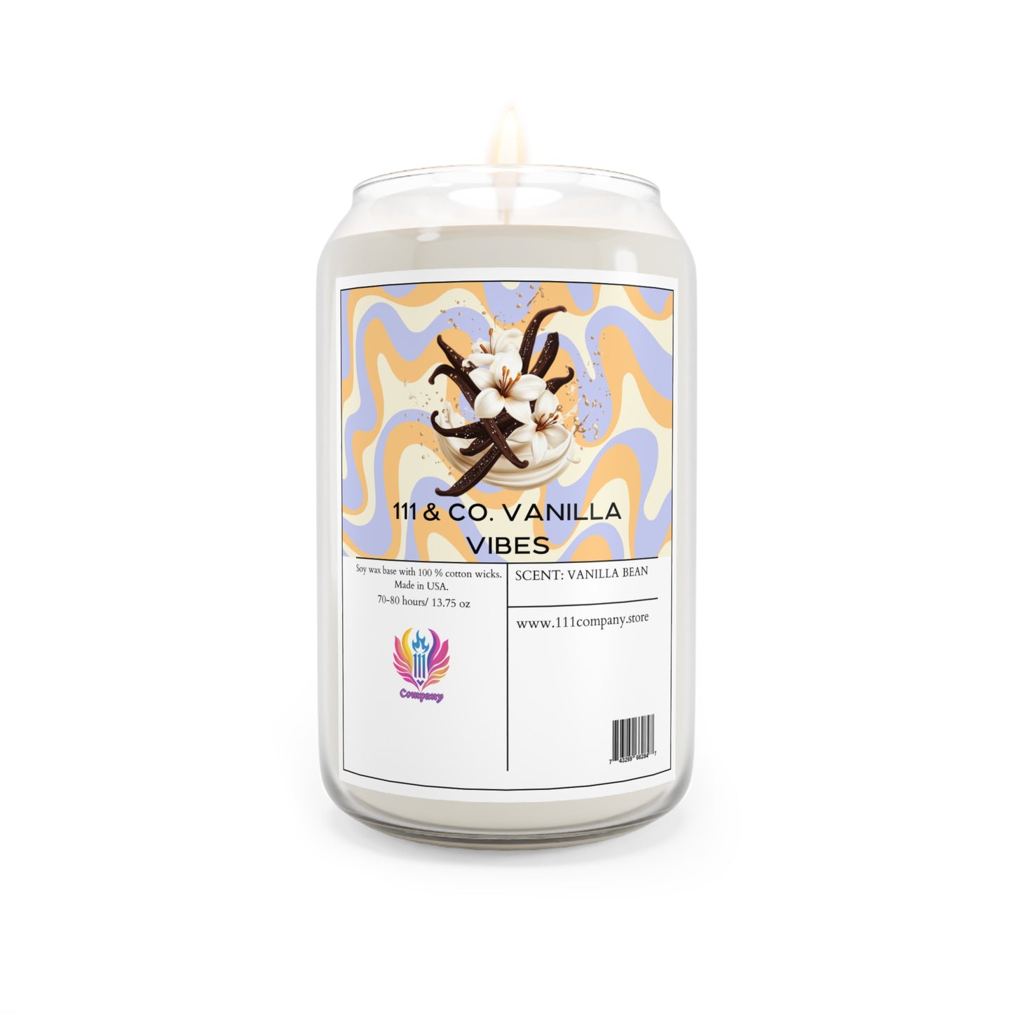 A white glass jar labeled 111 & Co. Vanilla Vibes features vanilla and tonka bean images on a colorful wavy background. The candle is 13.75 oz soy wax with a single wick, the 111 & Co logo, and a website URL. Brand: Printify.