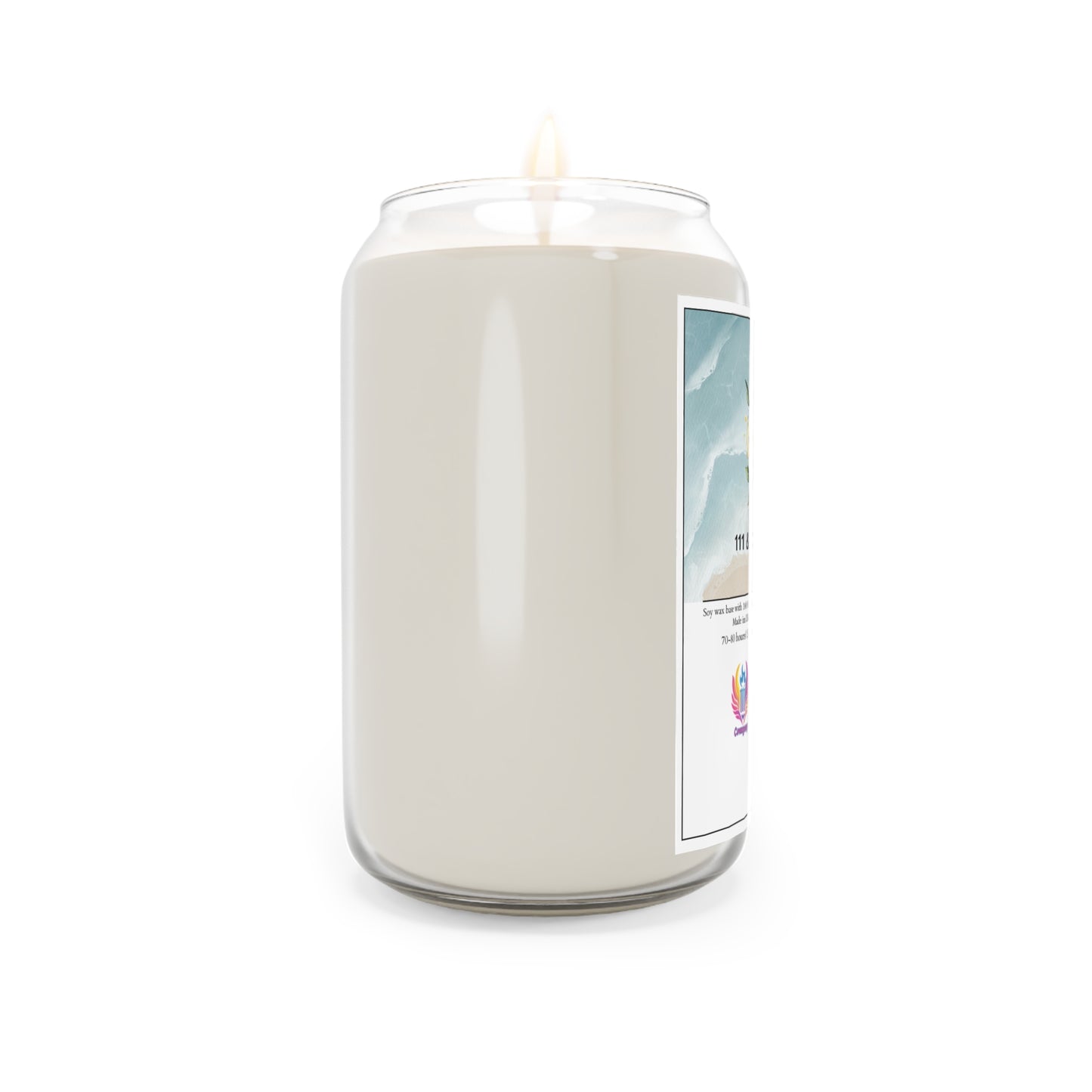 A 111 & COMPANY Oceanic Oasis Sea Breeze scented soy candle by Printify emits a gentle citrus aroma. It is encased in a soda can-shaped glass jar with white wax and a flickering flame. The minimalist label features pale blue, white hues, and a small multicolored logo.