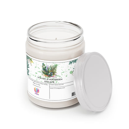 The Printify 111 & Company Evergreen Escape candle, made with creamy soy wax and offering a fresh eucalyptus scent, comes in a clear glass jar with a botanical print of green and brown leaves. It features an elegant label and white lid for a natural ambiance.