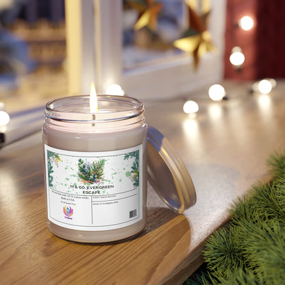 The 111 & COMPANY Evergreen Escape Fresh Salsam scented candle by Printify, housed in a glass jar featuring evergreen and pine cone illustrations, emits a soothing eucalyptus fragrance on a wooden surface. Nearby, festive decor and pine branches add to the ambiance.