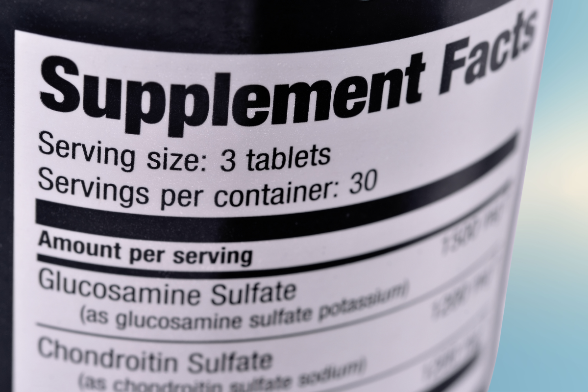Close-up of a Supplement Facts label showing serving size and servings per container.