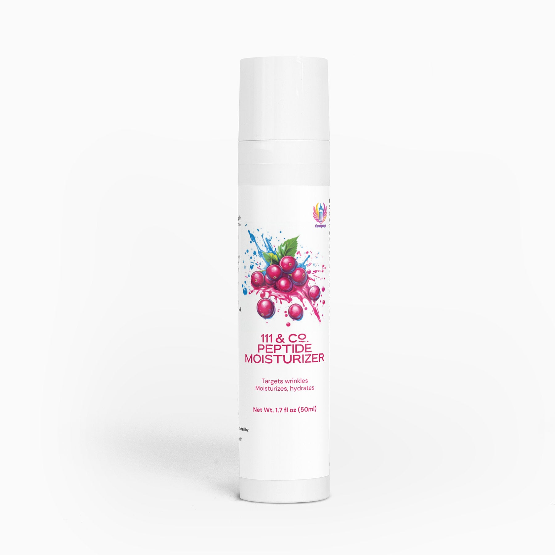 The 111 & COMPANY PEPTIDE MOISTURIZER features a white 1.7 fl oz (50 ml) bottle with a cranberry illustration on top. Its label highlights wrinkle-targeting, moisturizing, and hydrating properties for anti-aging and skin health against a plain white background.