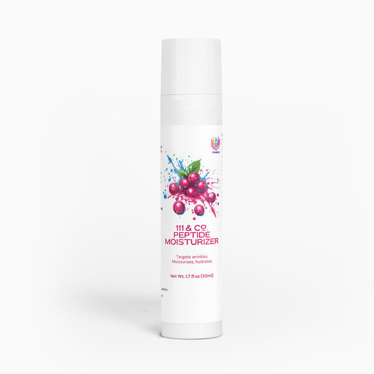 The 111 & COMPANY PEPTIDE MOISTURIZER features a white 1.7 fl oz (50 ml) bottle with a cranberry illustration on top. Its label highlights wrinkle-targeting, moisturizing, and hydrating properties for anti-aging and skin health against a plain white background.