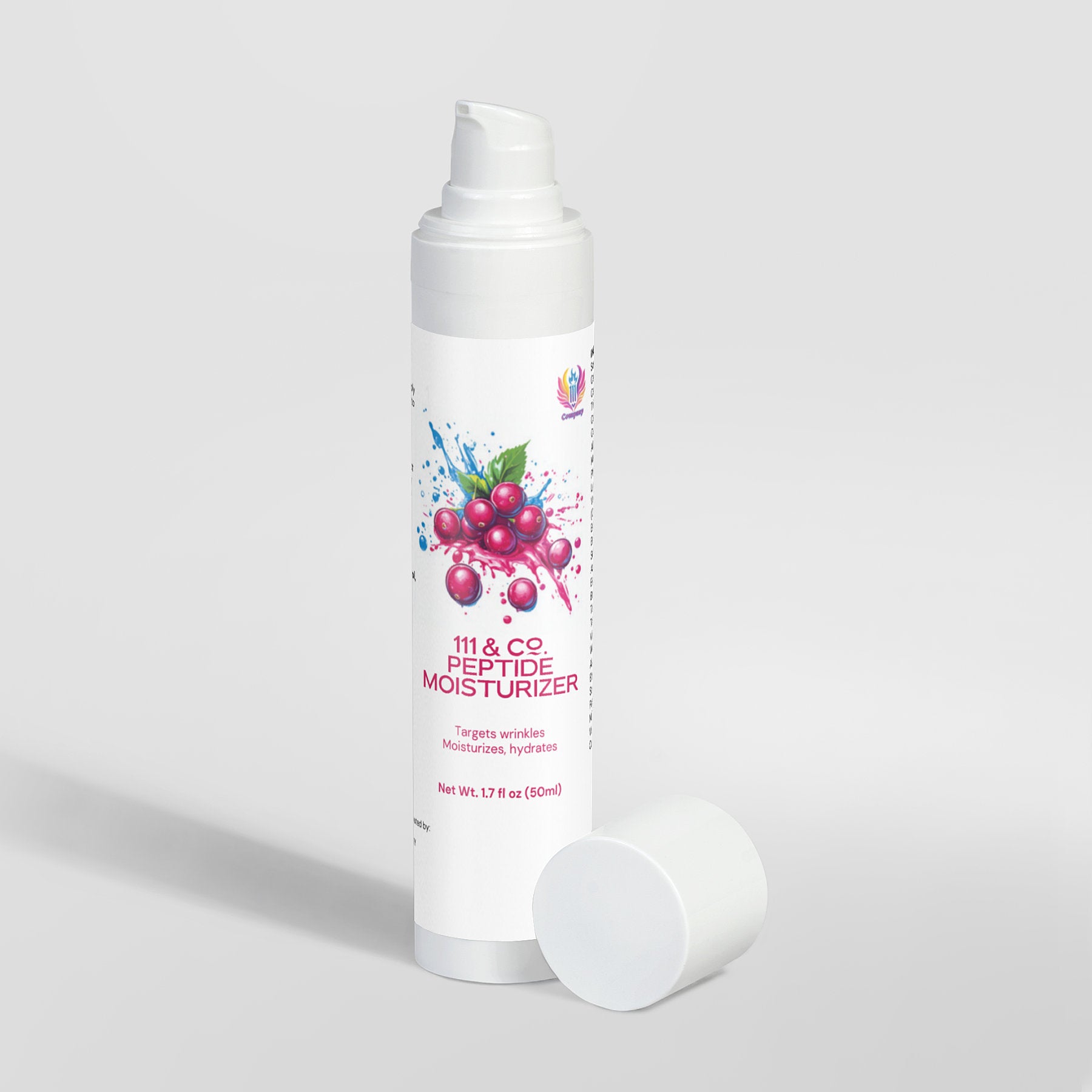 The image shows a white cylindrical bottle of 111 & Company Peptide Moisturizer, promoting skin health and anti-aging. Its label features colorful abstract graphics with cranberries; the cap is beside it. Its 1.7 fl oz (50 ml) for targeting wrinkles and hydrating the skin.