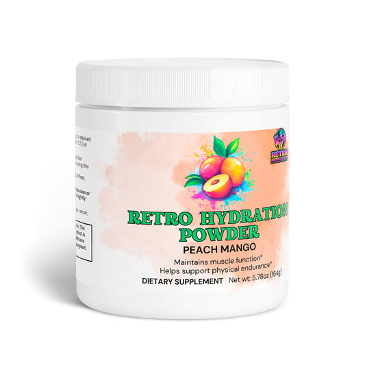 A container of 111 & COMPANY HYDRATION POWDER (PEACH MANGO) by Retro Fitness Supplements is displayed. The label has vibrant peach and mango illustrations on a watercolor background, highlighting benefits like muscle-function electrolytes for endurance. Its keto-friendly and weighs 5.78 oz (164g).