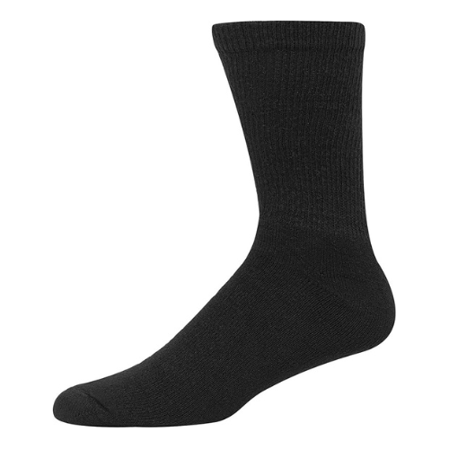 A Hanes Mens Double Tough Crew Sock in black, size 12-14, is shown on a white background. It has a ribbed ankle and calf for comfort, with extra cushioning at the toe and heel. Comes from the 12-pair pack by Hanes.