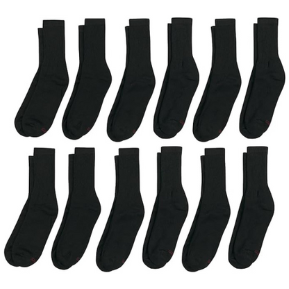 Twelve pairs of Hanes Mens Double Tough Crew Socks, size 12-14, black, are arranged in three rows of four on a white background, each pair side by side and all toes pointing left for a uniform display.