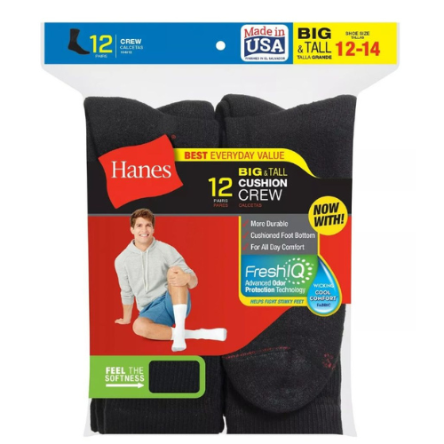 Hanes Mens Double Tough Crew Socks, 12-pair pack in black, size 12-14. Features FreshIQ odor control, cushioned foot bottom, and durable crew design. “Best Everyday Value.” Made in USA by Hanes.