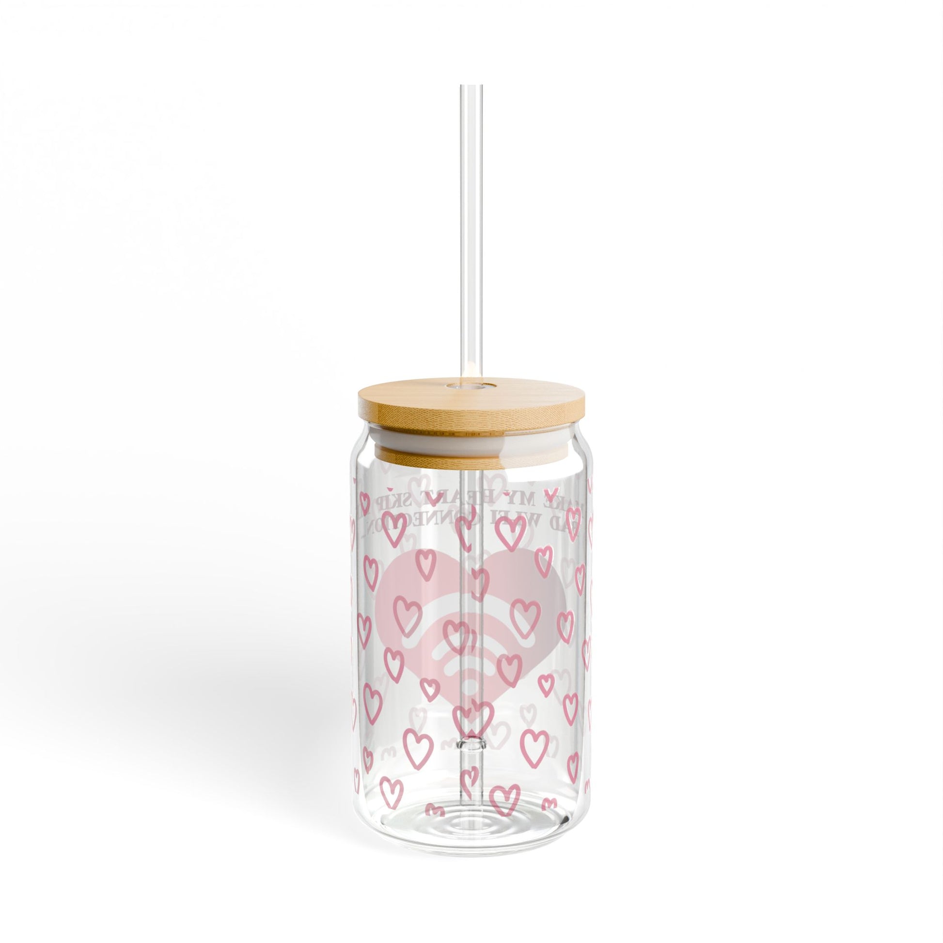 The Valentines WiFi Sipper Glass by 111 & Company features a bamboo lid, clear straw, pink hearts, and all you need is love in light pink text. This 16 oz glass adds unique charm with its circular lids small straw opening on a plain white background.